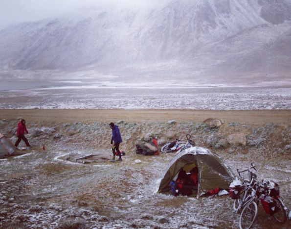 Camping high on a pass near the Pamir Mountains in Tajikistan.